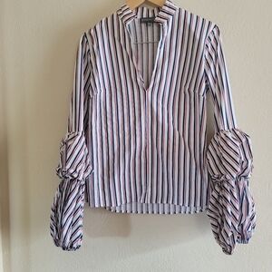 Anthropologie Greysn Stripe Puff Sleeve Fitted Top,‎ Red/White/Blue, Size Large